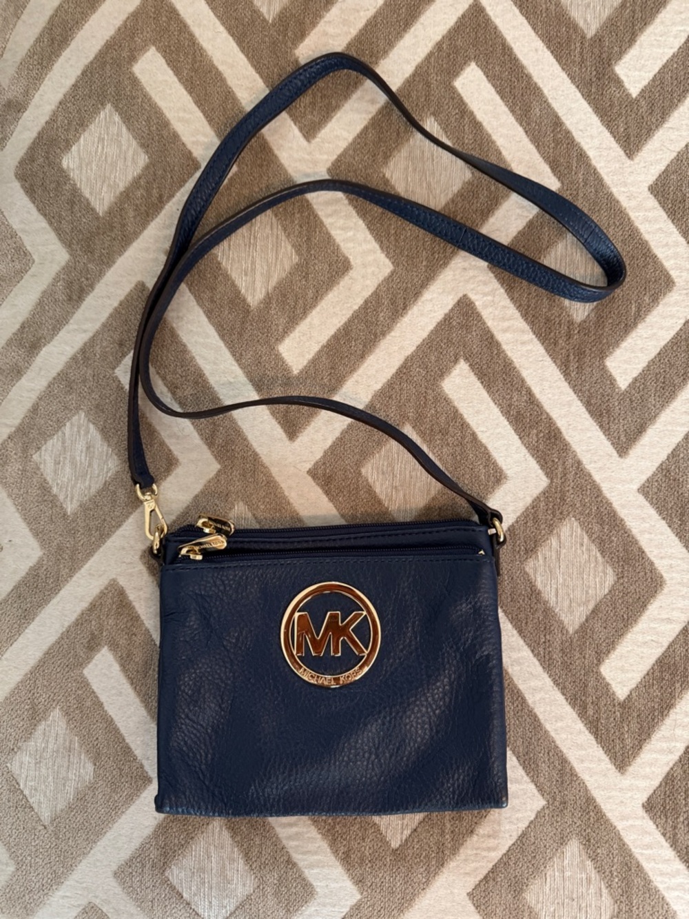 Michael Kors Navy Leather Crossbody with Gold MK Emblem